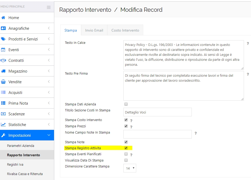impostazioni registro attività