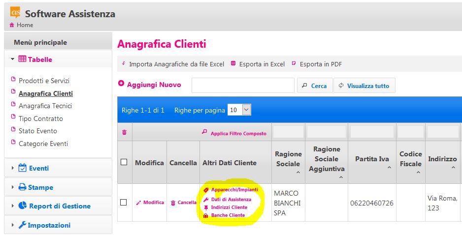 dati di assistenza cliente