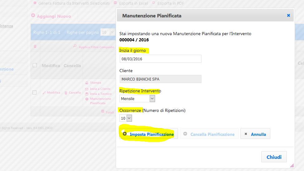 impostazione pianificazione intervento