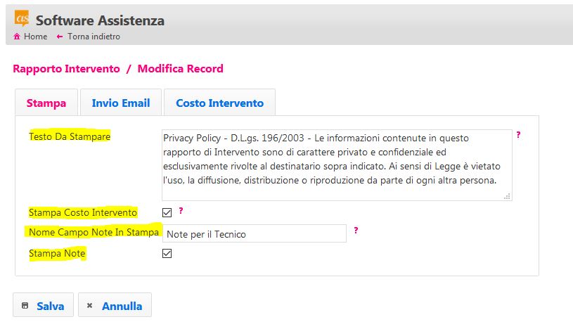 personalizzazione rapporto intervento